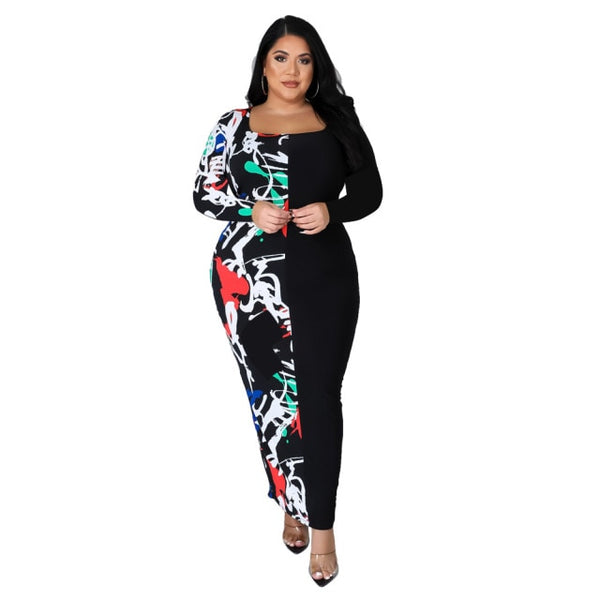 Long Dress Square Collar Printed Stitching Tight-fitting Long Sleeved One Step Dress plus size avail - Divine Diva Beauty