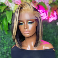 Highlight Blonde Colored Blunt Cut Short Bob Wigs 13x6 Lace Front Human Hair Wigs HD Lace Frontal Wig - Divine Diva Beauty