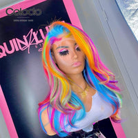 Yellow highlight Rainbow Lace Front Human Hair Wigs with Baby Hair Pre Plucked Side Part - Divine Diva Beauty