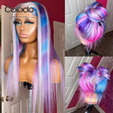 Purple Blue Rainbow highlight Straight Lace Front Wig with Baby Hair Pre Plucked - Divine Diva Beauty