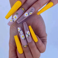 24pcs Extra Long Coffin False Nails yellow Flower designs Rhinestone Ballerina Fake Nails Full Cover Nail Tips Press On Nails - Divine Diva Beauty