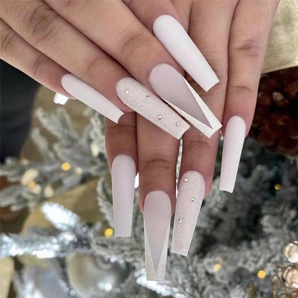 24pcs Fake nails long Frosted V-shaped French wearable false nails Detachable Full Cover with designs Coffin Ballerina Nail - Divine Diva Beauty