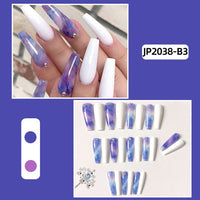 Nail Art Rhinestones Matte Blue Gradient French Fake Nails With Glue Marble Design UV White Press On Nails Tools For Manicure - Divine Diva Beauty