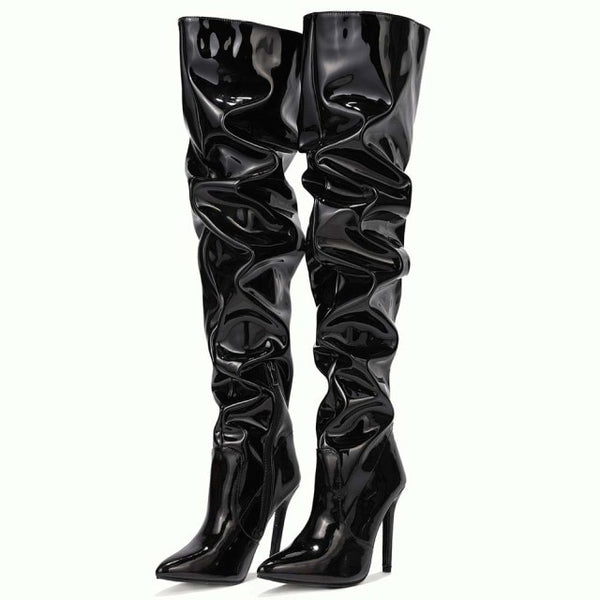 Over The Knee Boots Pleated Patent Leather High Heels Thigh Boots shoe - Divine Diva Beauty