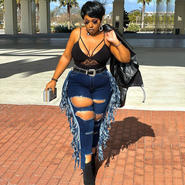 Plus Size avail  Denim Bottoms Streetwear High Stretchy Holed Tassels Tights Jeans - Divine Diva Beauty