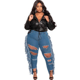 Plus Size avail  Denim Bottoms Streetwear High Stretchy Holed Tassels Tights Jeans - Divine Diva Beauty