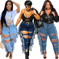 Plus Size avail  Denim Bottoms Streetwear High Stretchy Holed Tassels Tights Jeans - Divine Diva Beauty