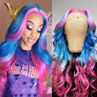 Ombre Pink Blue Colored Human Hair Wigs Brazilian Remy Transparent Lace Wigs Pre Plucked Body Wave Wig 200 Density - Divine Diva Beauty