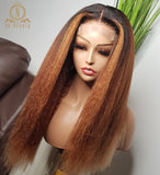 Kinky Straight Human Hair Wigs Highlight Ombre Color 13x6 Lace Frontal Wig Preplucked 180 Density - Divine Diva Beauty