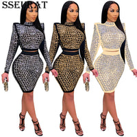 Women Set Diamonds Half High Collar Long Sleeve Crop Top Knee Length Pant Two Piece Set  Sexy Club Suit - Divine Diva Beauty