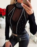 Black Turtleneck Top Studded Sheer Mesh Long Sleeve shirt - Divine Diva Beauty