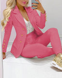Women Pants Suits Solid Single Breasted Blazers Tops + Pencil Pants Two 2 Piece Sets - Divine Diva Beauty