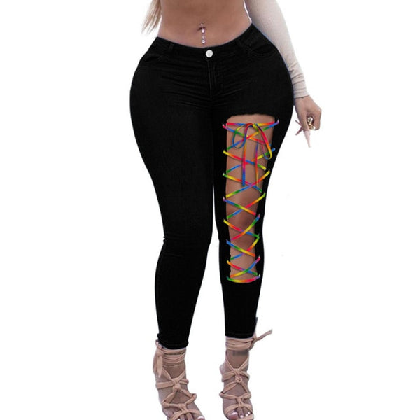 Plus Size avail Sexy Asymmetric Lace Up Skinny Jeans pants - Divine Diva Beauty