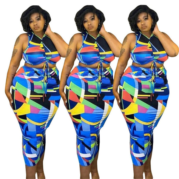 Pleated Print Sexy V Collar Lace-up Crop Top Midi Skirts Two Piece 2 peice plus size avail - Divine Diva Beauty