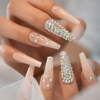 Trapezoid French Nail Crystal AB Shine Decorative False Nails Long Ballerina Rhinestones Press On Fingernail - Divine Diva Beauty