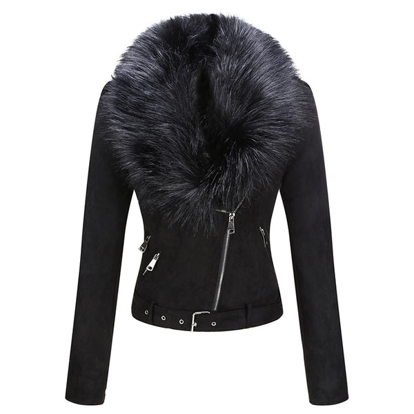 Thick Warm Faux Suede Short Coat Detachable Faux Fur Collar Leather Jackets Outerwear - Divine Diva Beauty