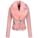 Thick Warm Faux Suede Short Coat Detachable Faux Fur Collar Leather Jackets Outerwear - Divine Diva Beauty