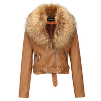 Thick Warm Faux Suede Short Coat Detachable Faux Fur Collar Leather Jackets Outerwear - Divine Diva Beauty