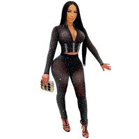 Women Set Diamonds Half High Collar Long Sleeve Crop Top Knee Length Pant Two Piece Set  Sexy Club Suit - Divine Diva Beauty