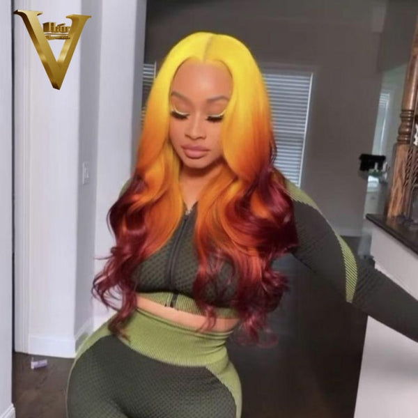 Ombre highlight Yellow Orange Colored Human Hair Preplucked Transparent Lace Frontal Wig - Divine Diva Beauty