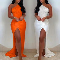 Solid One Shoulder High Split Thigh Ruched Maxi Floor Dress - Divine Diva Beauty