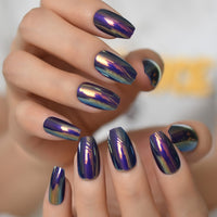 Shiny Punk Style Metallic Light Purple False Fake Nails Metal Plating Acrylic Short Reflective Mirror Press on Nail Art Tips - Divine Diva Beauty