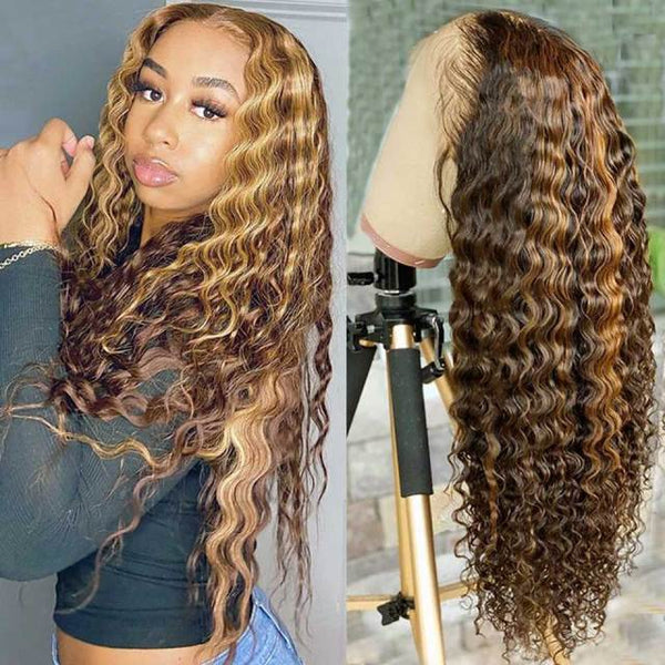Highlight Deep Wave Wig Transparent Lace Wigs Wet And Wavy Curly Lace Front Human Hair Wigs T Part Ombre Deep Wave Frontal Wig - Divine Diva Beauty