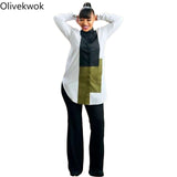 Patchwork Shirts Long Sleeve Turn-down Collar Streetwear Autumn Solid Woman Tops - Divine Diva Beauty