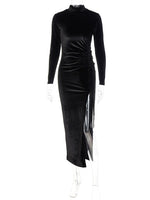 Solid Velvet Long Sleeve Ruched Midi Dress Side Slit - Divine Diva Beauty