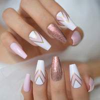 Shiny Glitter French Press on False Nails V Line Pink White Long Ballerina Coffin Full Cover - Divine Diva Beauty