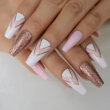 Shiny Glitter French Press on False Nails V Line Pink White Long Ballerina Coffin Full Cover - Divine Diva Beauty