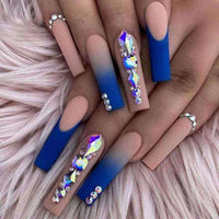 24pcs Long Coffin False Nails Blue Diamond Design Artificial Ballerina Fake Nails With Glue Full Cover Nail Tips Press On Nails - Divine Diva Beauty