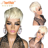 613 Blonde Pixie Short Cut Bob Wig With Bangs Wave Wavy Human Hair Wig Brazilian Straight Wig Machine Made Wig - Divine Diva Beauty