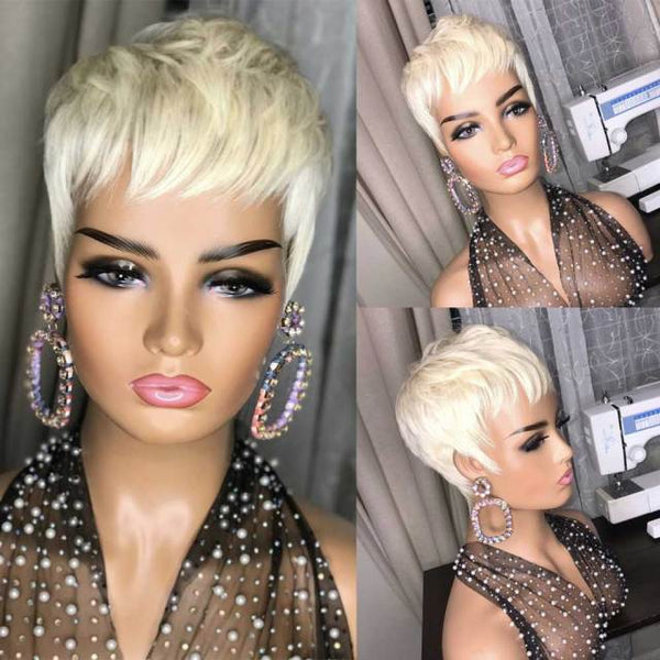 613 Blonde Pixie Short Cut Bob Wig With Bangs Wave Wavy Human Hair Wig Brazilian Straight Wig Machine Made Wig - Divine Diva Beauty