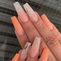 24Pcs/Box Long Coffin False Nails Wearable Orange Heart-shaped Design Artificial Ballerina Fake Nails with Glue Press On Nails - Divine Diva Beauty