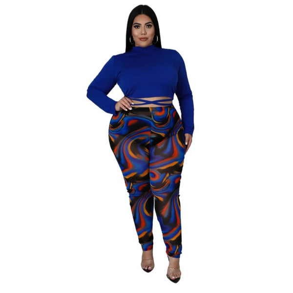 Two Pieces Set Plus Size avail Full Sleeve T-Shirt And Printed Pants Trousers Suit Matching Set - Divine Diva Beauty