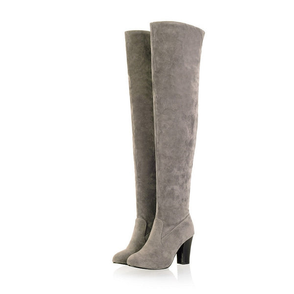 Suede Over Knee High Boots Chunky Square Heel Long Boots shoe - Divine Diva Beauty