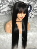 100% Human Hair Wig With Bangs Short Bob Human Hair Wigs Brazilian Straight Black 30 Inch Long Fringe Wig - Divine Diva Beauty