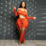 Hollow 2 Piece Set Off Shoulder Crop Top Tassel Lace Up Pants - Divine Diva Beauty