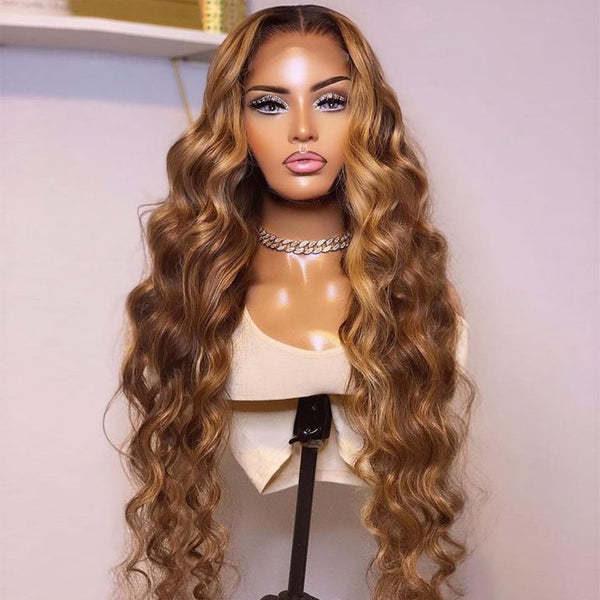 Highlight Wig Human Hair Brown Colored Body Wave Lace Front Wig Lace Closure Wig Ombre 4/27 Pre Plucked T Part Human Hair Wig - Divine Diva Beauty