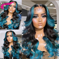 Highlight Blue Colored 13x4 Body Wave Lace Front Wigs For Human Hair Wigs PrePlucked Brazilian Remy Wavy With Baby Hair - Divine Diva Beauty