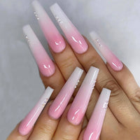 Pink Long Coffin Rhinestone Gradient False Nails Wearable Ballerina Fake Nail Full Cover Press on Nail Tip Decor With Glue 24pcs - Divine Diva Beauty