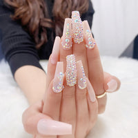 Pink Long Coffin Rhinestone Gradient False Nails Wearable Ballerina Fake Nail Full Cover Press on Nail Tip Decor With Glue 24pcs - Divine Diva Beauty