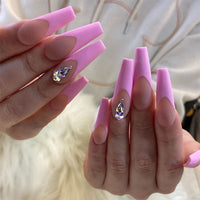 Pink Long Coffin Rhinestone Gradient False Nails Wearable Ballerina Fake Nail Full Cover Press on Nail Tip Decor With Glue 24pcs - Divine Diva Beauty