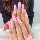 Pink Long Coffin Rhinestone Gradient False Nails Wearable Ballerina Fake Nail Full Cover Press on Nail Tip Decor With Glue 24pcs - Divine Diva Beauty