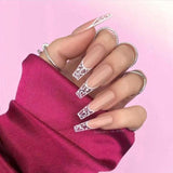 Pink Long Coffin Rhinestone Gradient False Nails Wearable Ballerina Fake Nail Full Cover Press on Nail Tip Decor With Glue 24pcs - Divine Diva Beauty