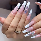 Pink Long Coffin Rhinestone Gradient False Nails Wearable Ballerina Fake Nail Full Cover Press on Nail Tip Decor With Glue 24pcs - Divine Diva Beauty