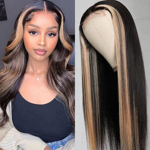 13x4 Straight Highlight 27 Colored Lace Front Wig Human Hair Wig Brazilian Preplucked Baby Hair PrePlucked Middle Part - Divine Diva Beauty