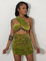 Sequins Rave Outfits Hollow Out One Shoulder Mini Velvet Dress - Divine Diva Beauty