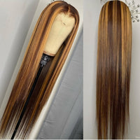 Brazilian 30 40 Inch Straight Highlight T Part Lace Front Human Hair Wigs Ombre Brown Color 4/27 Lace Frontal Wig 180 Density - Divine Diva Beauty
